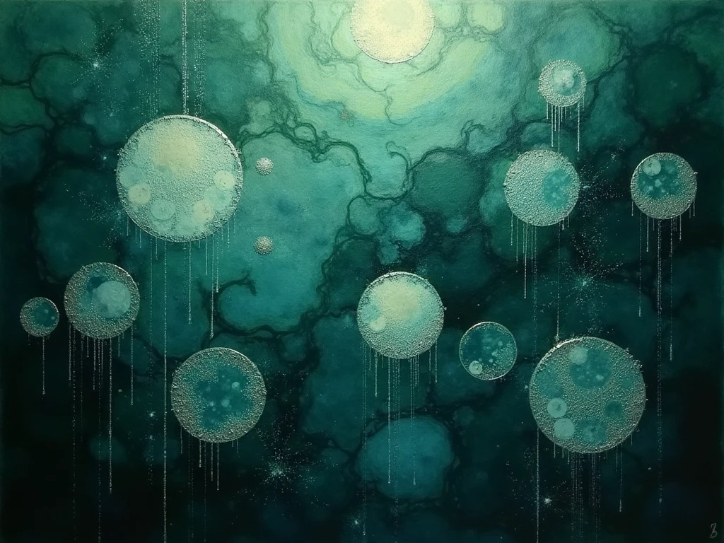 Ethereal Depths abstract art print featuring organic circular forms in deep emerald and moonlight silver tones