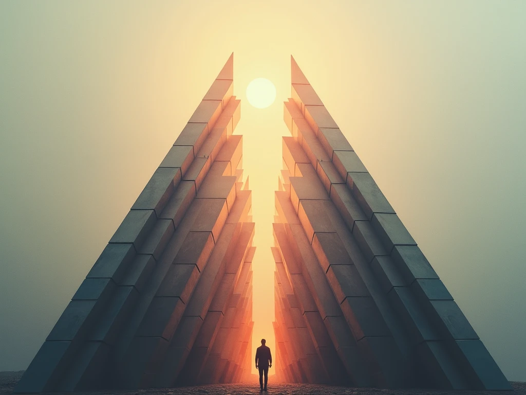 Ascension triangular composition art print with layered geometric forms ascending towards a luminous focal point